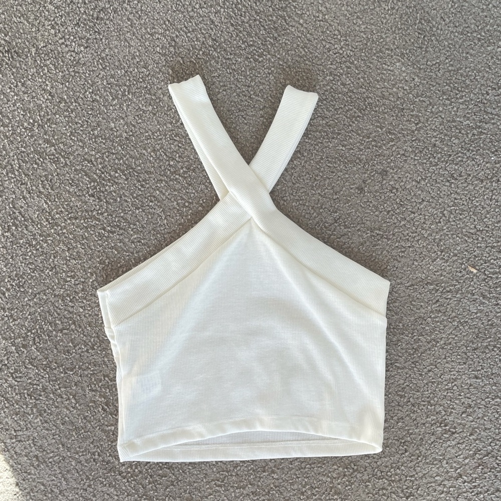 White cross-neck tank top